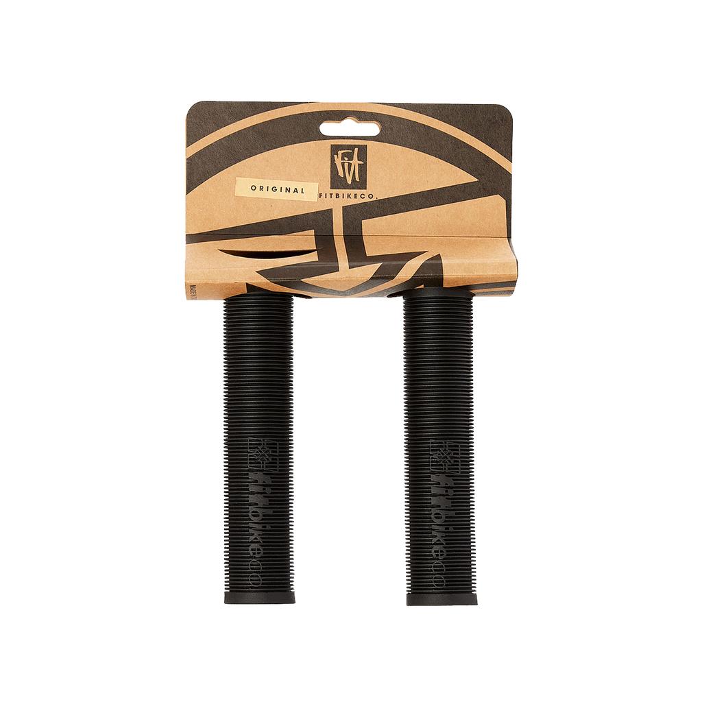 A pair of black Fit Bike Co OG Grips with a ribbed, mushroom-finned design are shown in packaging marked "Original FITBIKECO.