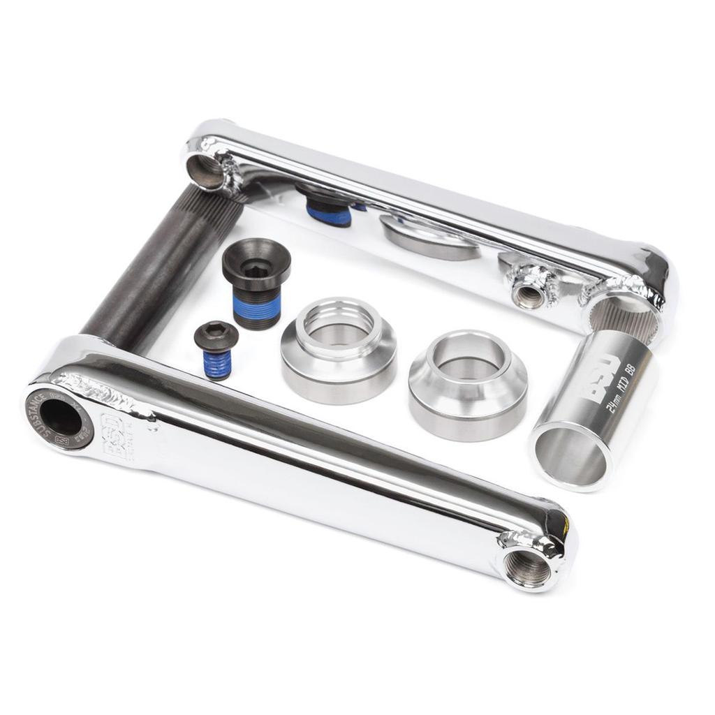 BSD Substance XL V2 Cranks—a chrome BMX crankset with 24mm hollow spindle, bolts, and bearing spacers—is displayed on a white background.