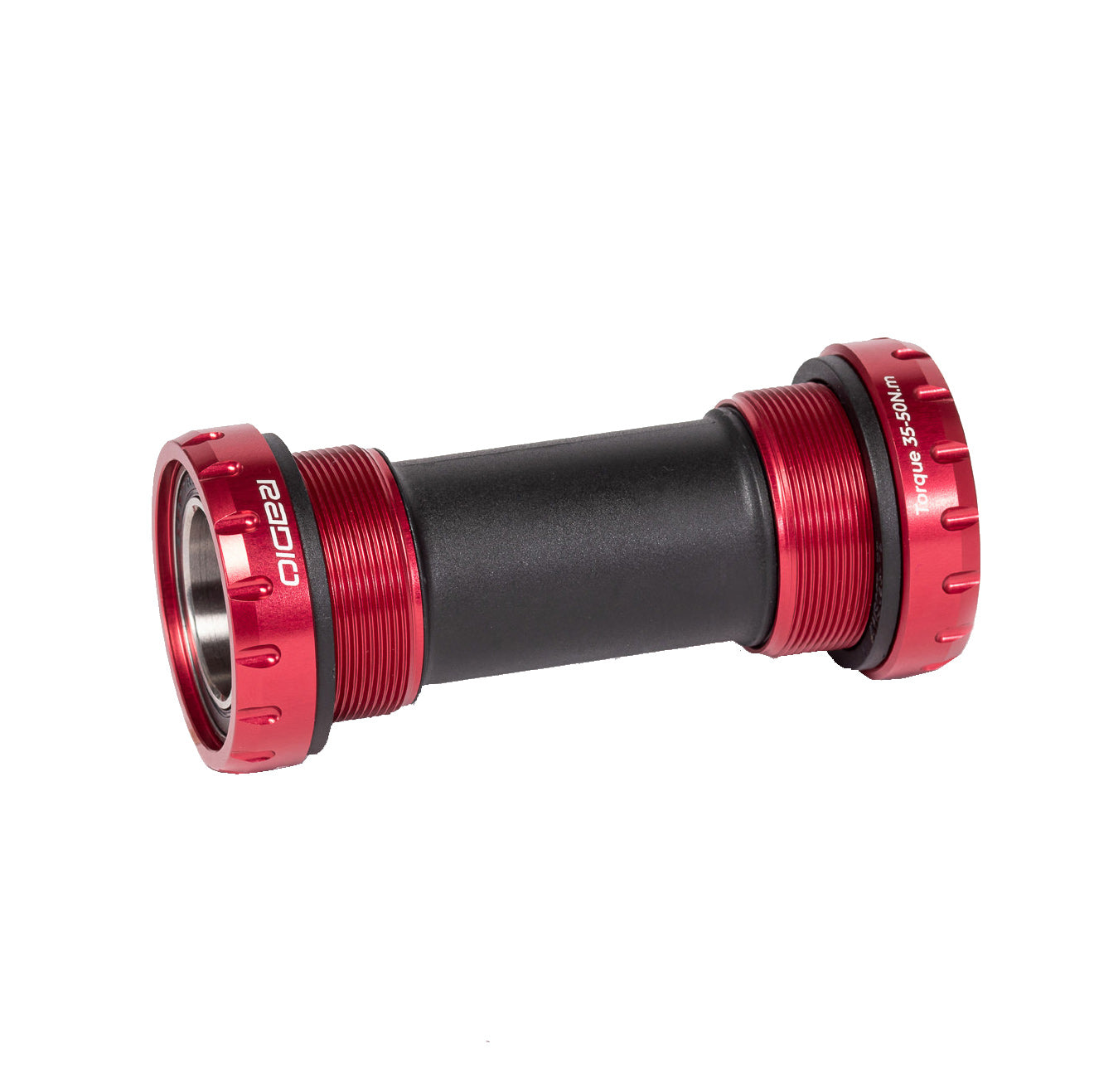 A red and black Radio Raceline External Euro Bottom Bracket, made from 6061 alloy, ideal for bicycle bottom brackets.