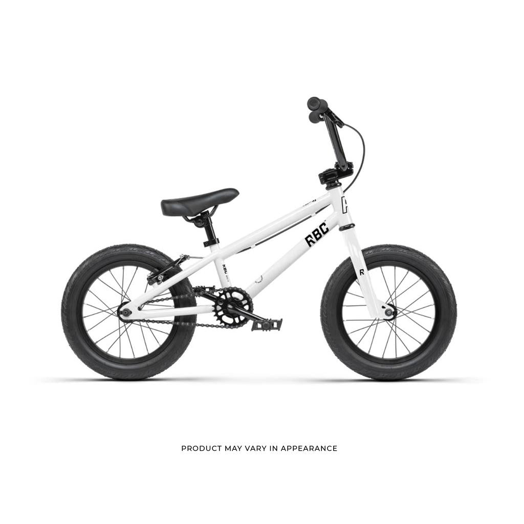 Radio Revo 14 Inch bike for children in white, featuring black handlebars, seat, and tires. Profile view on a white background. Text below states: "Product may vary in appearance.