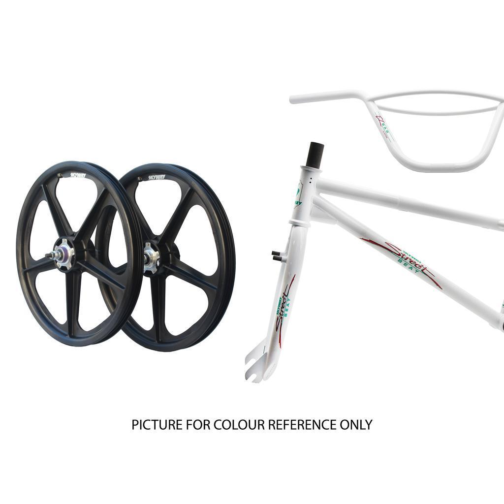 A white Skyway Street Beat EX 20 Inch Bike frame with fork, black mag wheels, and a white handlebar are shown on a white background. Text reads: "PICTURE FOR COLOUR REFERENCE ONLY.