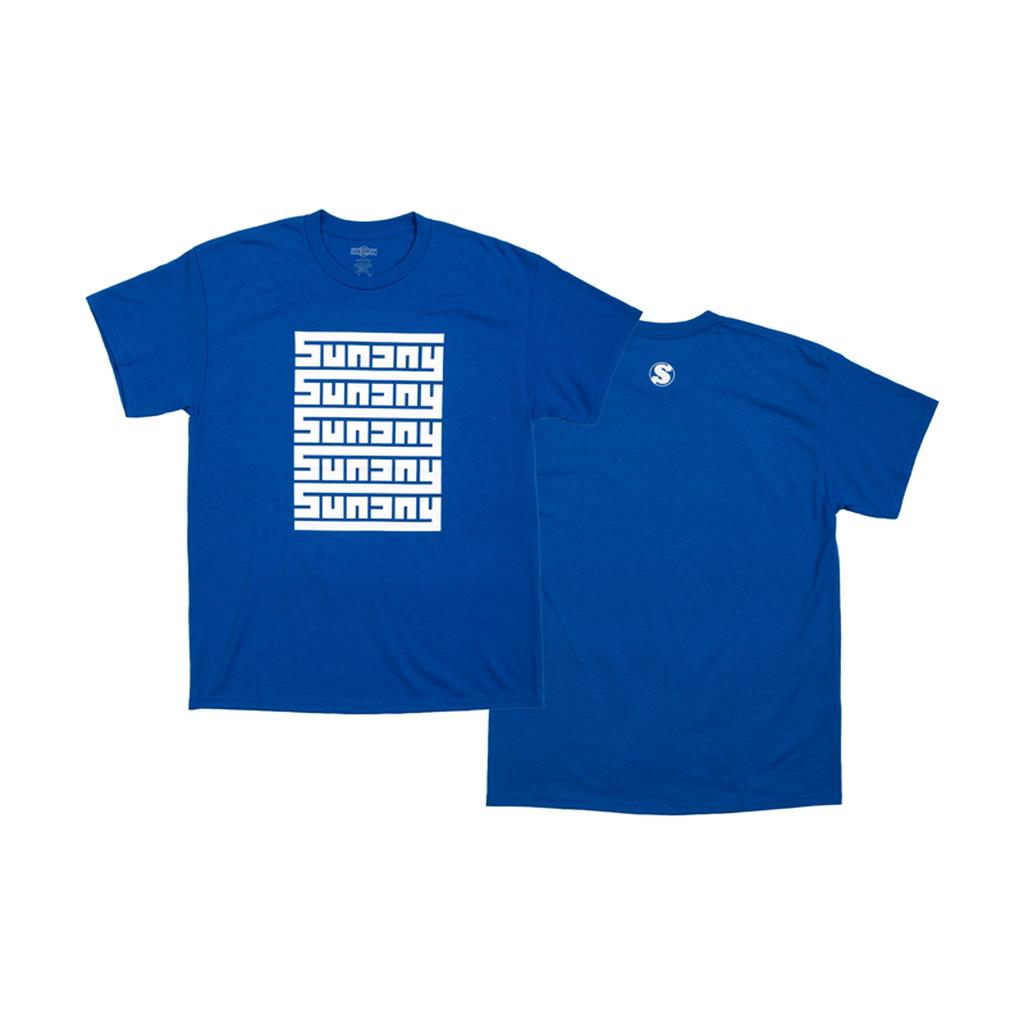 The Sunday Maze T-Shirt for boys is blue with stacked white "SUNSNY" text on the front and a small white "S" logo near the collar on the back—great for Sunday skatepark fun.