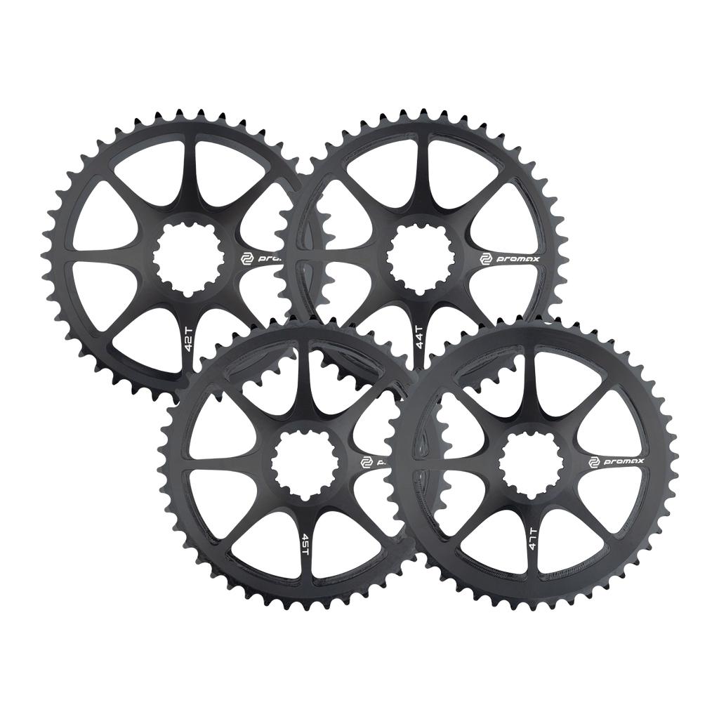Four black Promax Direct Mount Front Sprockets with varying tooth counts, designed for SRAM 3-bolt systems, are displayed overlapping on a white background—ideal for BMX racing enthusiasts.