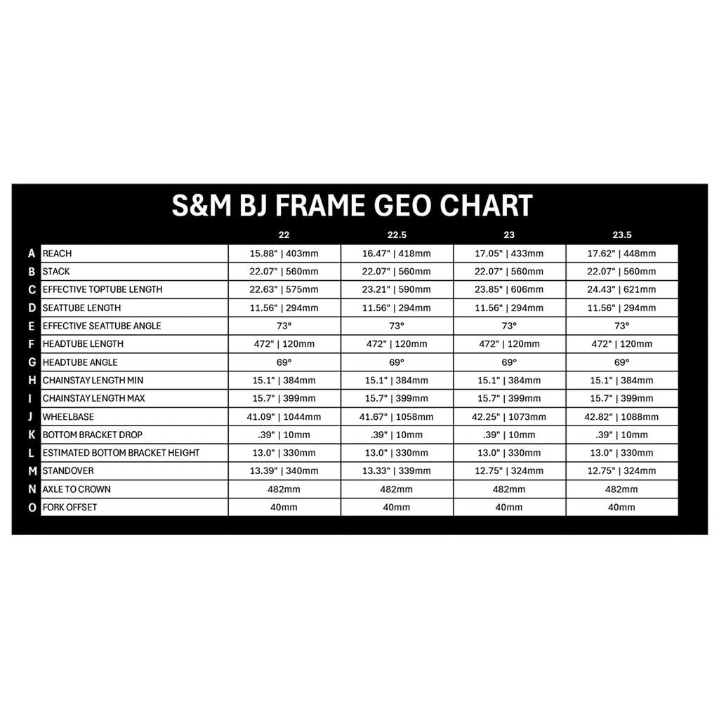 S&M Big Jumper 26 Inch Dirt Jumper Frame geometry chart with reach, stack, top tube, seat tube, angle, chainstay, wheelbase, bracket drop & fork offset for sizes 22–23.5.