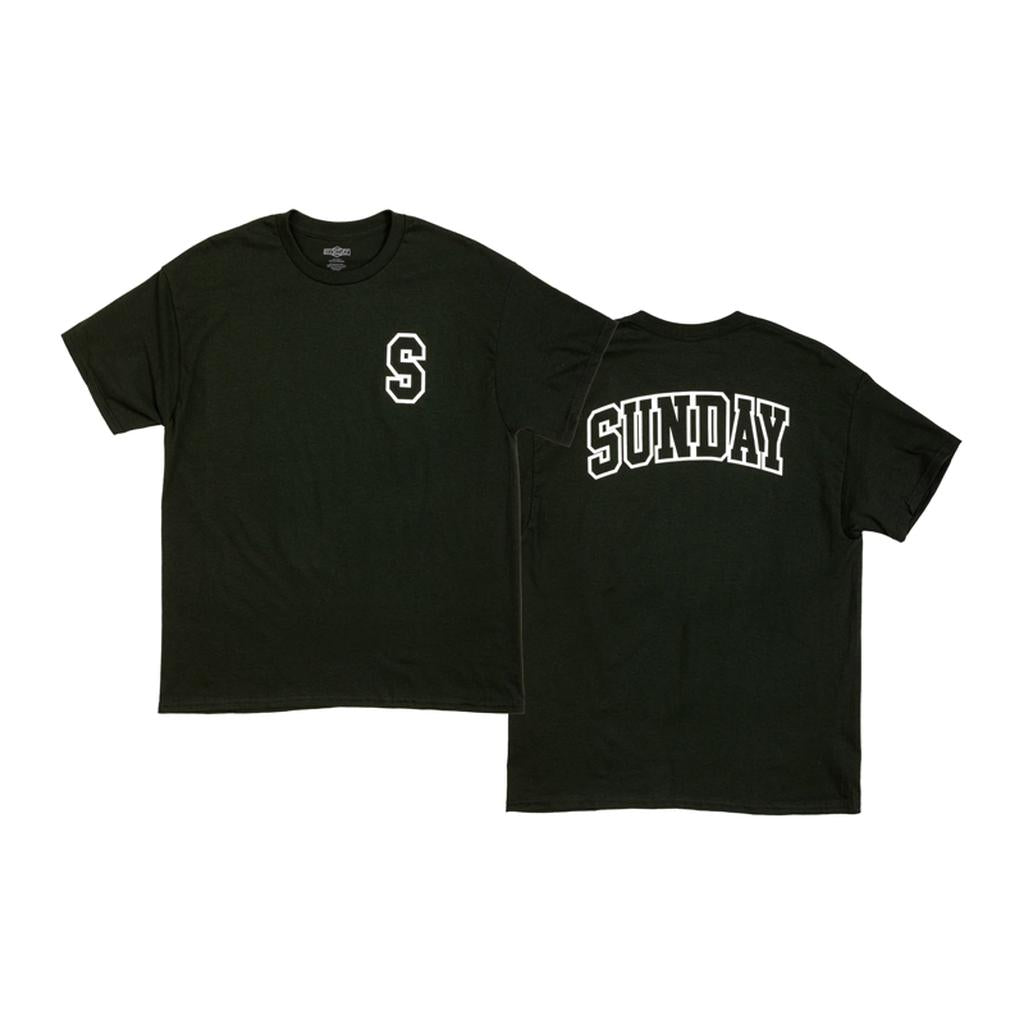 Front and back view of the black Sunday Blockhead T-Shirt: features a bold white "S" on the left chest and large "SUNDAY" lettering on the back—ideal for riding or relaxing.