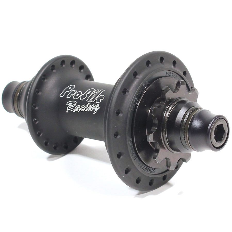 A Profile Elite Rear Cassette Hub with a black rim, perfect for BMX Racing.