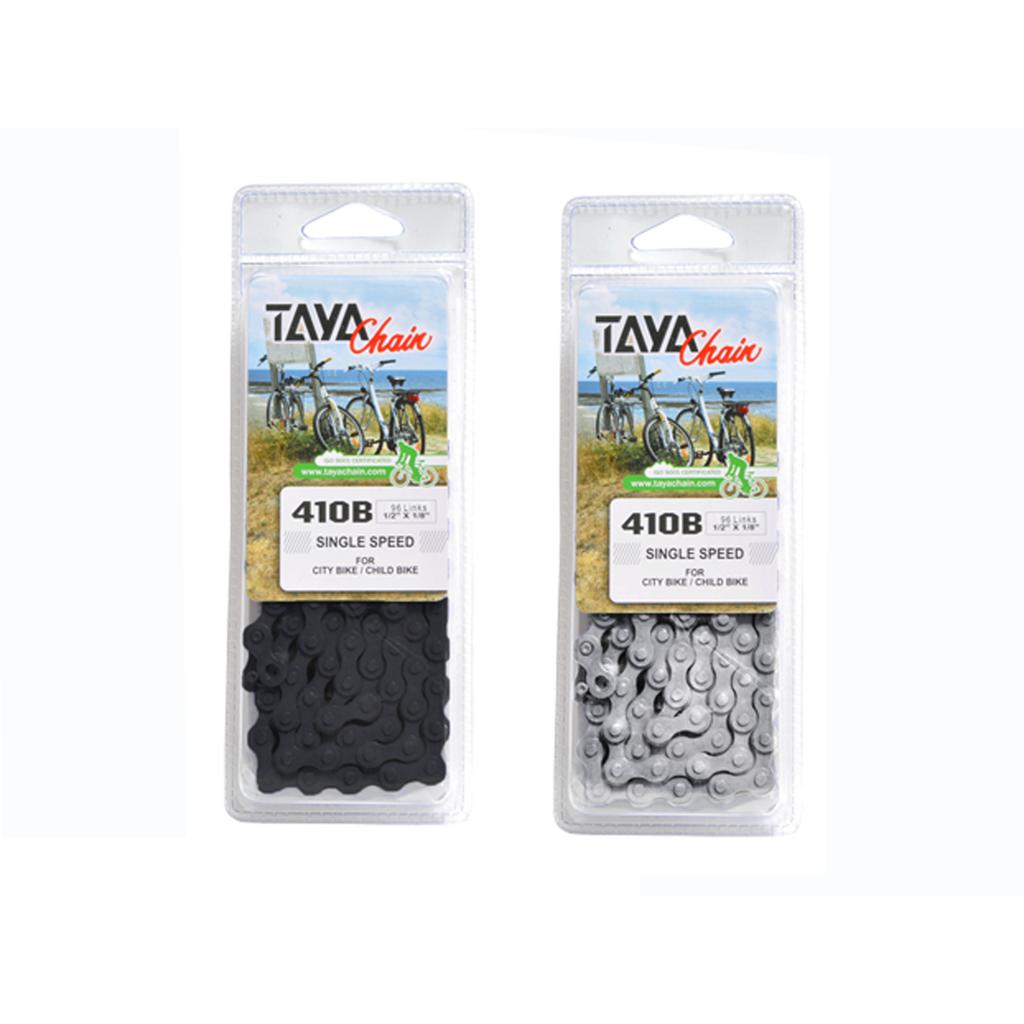 Two Taya 410B Chain (1/8 Inch) packages are shown: one with a black chain and one with a silver chain, both made for city or child bikes, offering high tensile strength and durability.