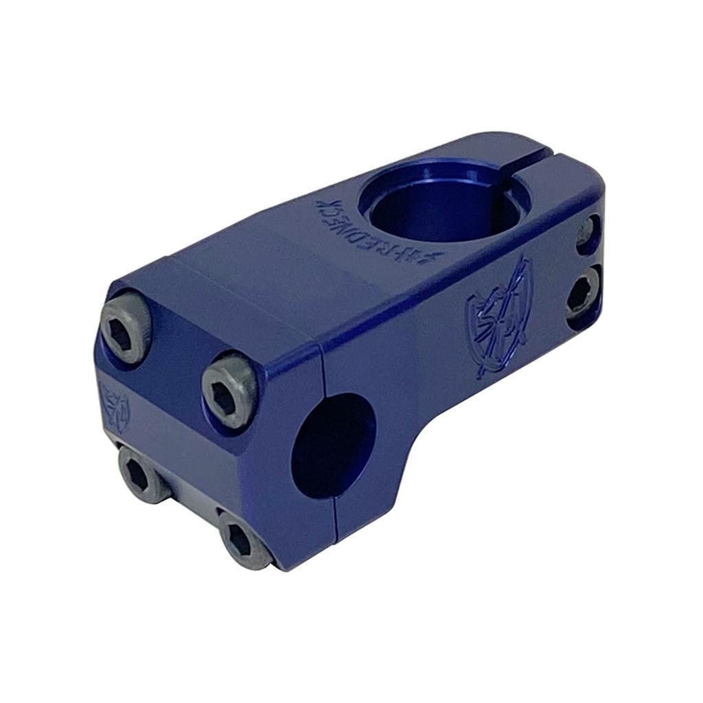 The S&M Shredneck Stem is a blue 6061-T6 Aluminum BMX stem with four front hex bolts, two side bolts, and engraved Redneck logos on the top and side.