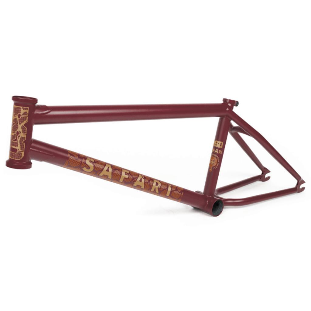 The BSD Safari V3 Frame (Reed Stark Signature) in maroon features "SAFARI" and patterned yellow graphics on the downtube and head tube, shown against a white background—ideal for street and park BMX riders seeking a unique frame.