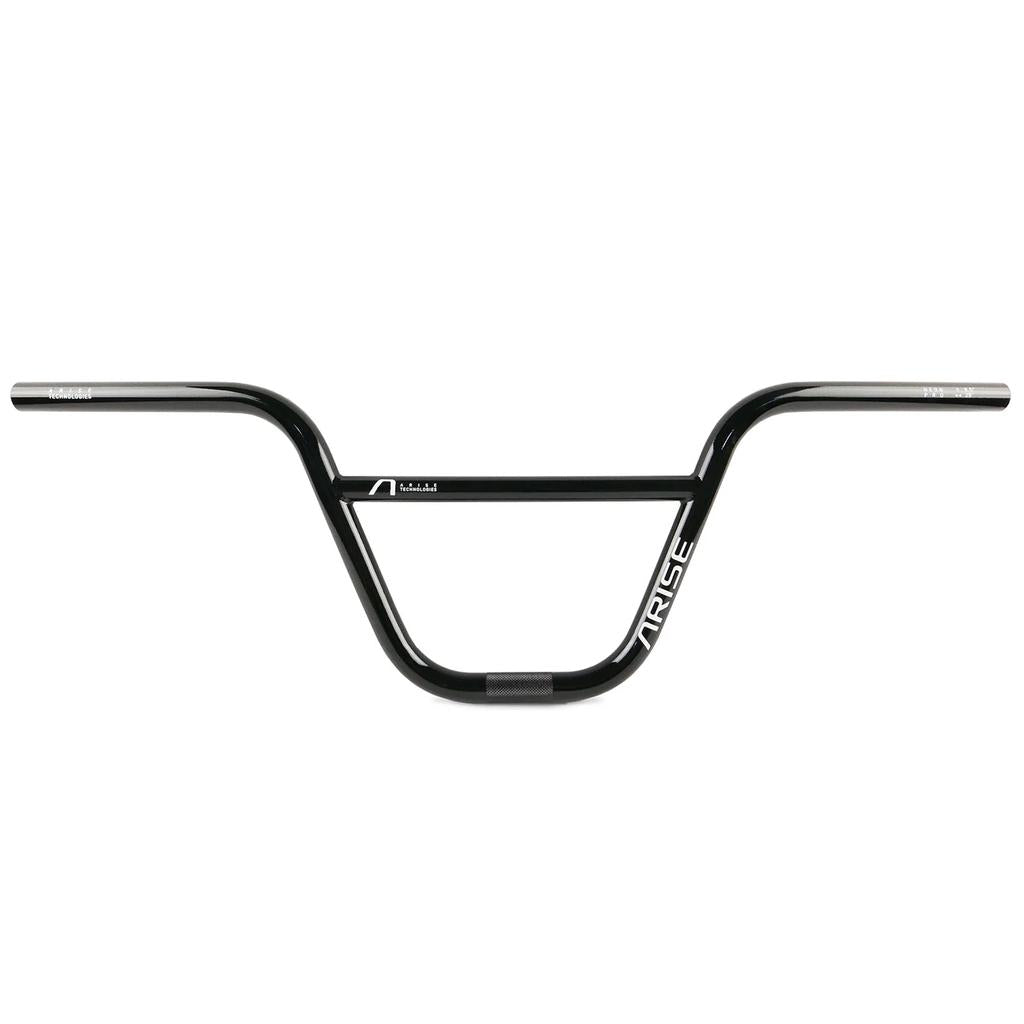 The Arise Neon Pro Handlebar is a black matte chromoly BMX bar with a crossbar and aggressive backsweep for control. "ARISE" is printed in white on the right side, combining toughness and sleek style for pro riders.