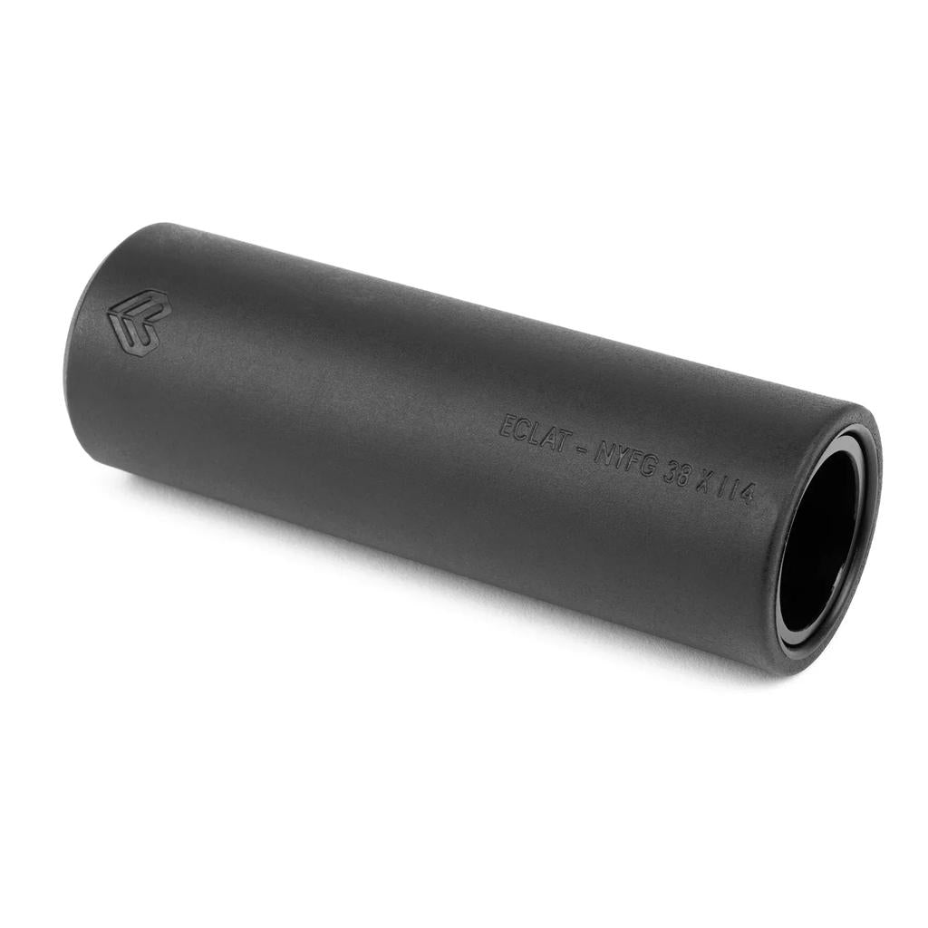 The Eclat Venom XLT Peg (Each) / 4.8 Inch is a black cylindrical BMX peg with embossed branding and "ECLAT - MTC 38 x 114" engraving, featuring a strong 7075-T6 alloy core, shown against a white background.