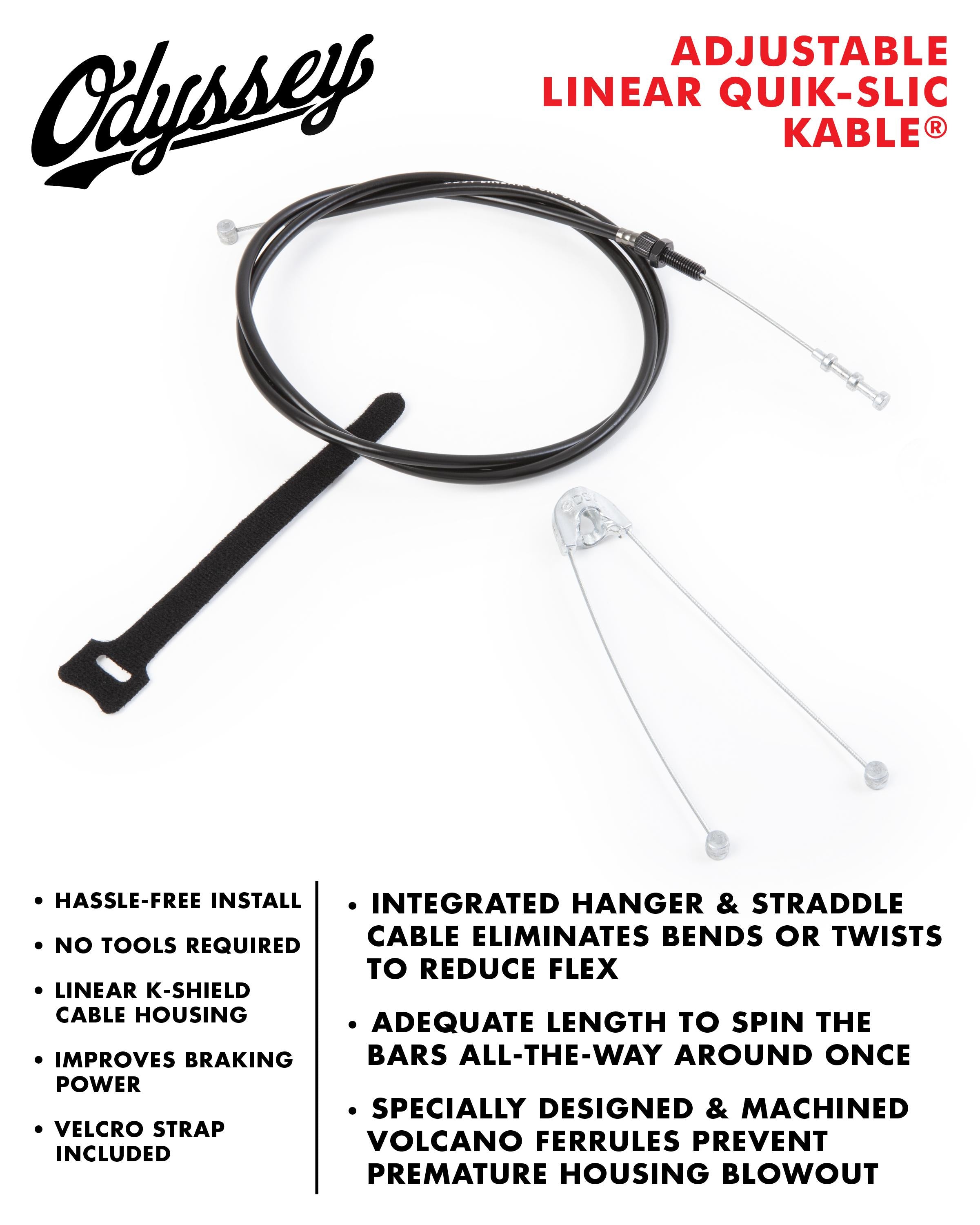 The Odyssey Linear Quik Slic Brake Cable features a black, one-size-fits-all braking cable with a straddle cable and Velcro strap, displayed on a white background with key product features highlighted.