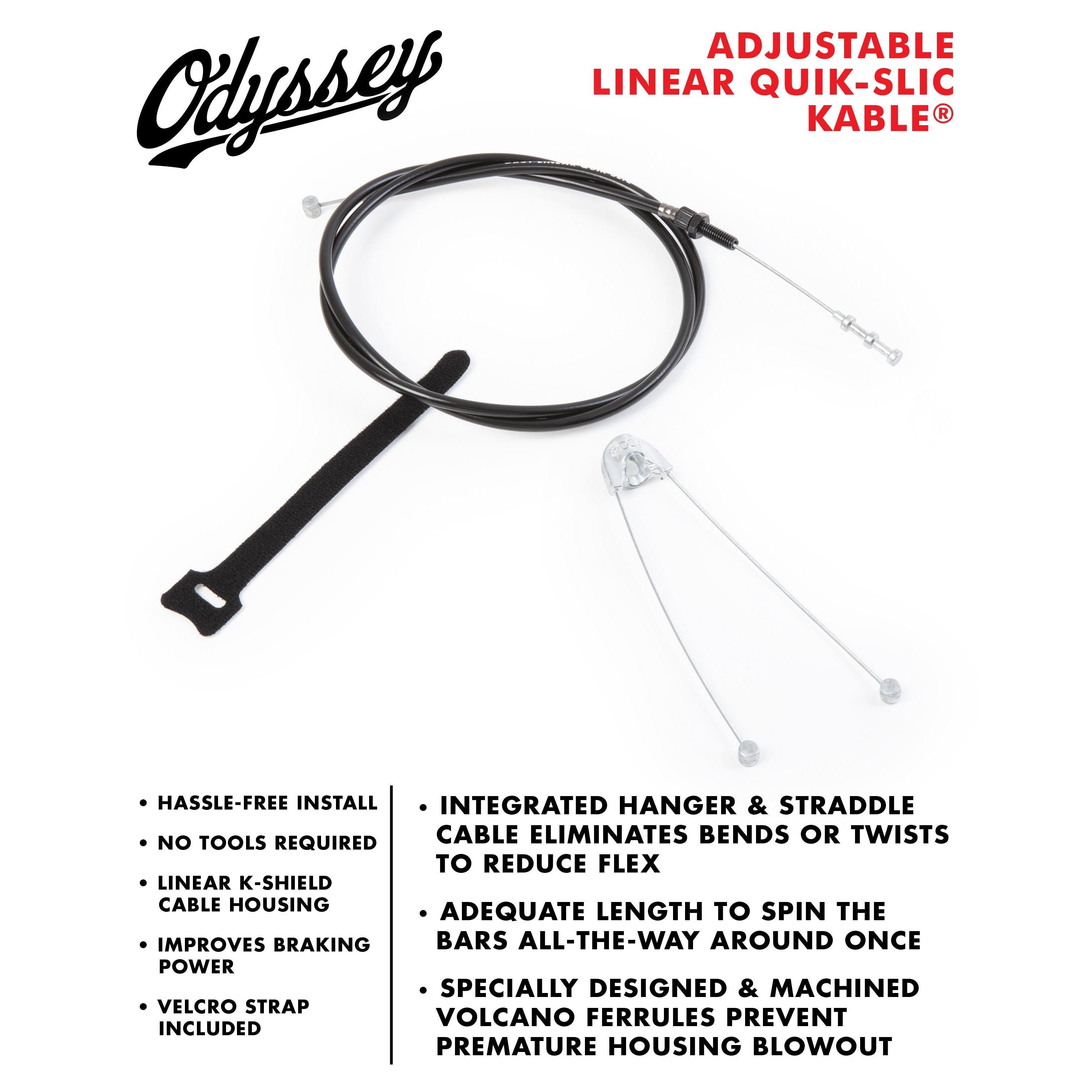 The Odyssey Linear Quik Slic Brake Cable features a black, one-size-fits-all braking cable with a straddle cable and Velcro strap, displayed on a white background with key product features highlighted.