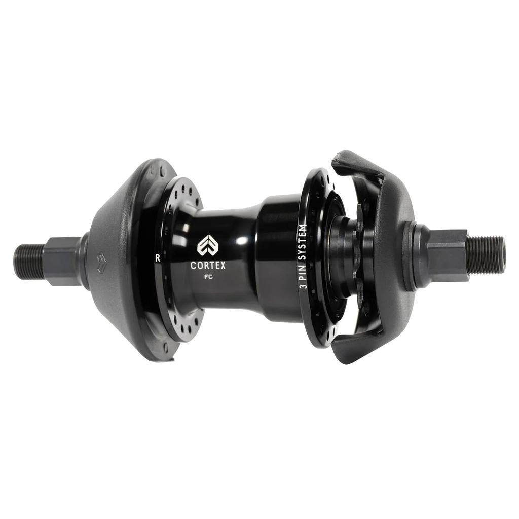 An Eclat Cortex EVO FC Rear Freecoaster Hub, black with a metal axle and clutch internals, features "Cortex FC" and "3 Pin System" labels. It is shown against a white background.