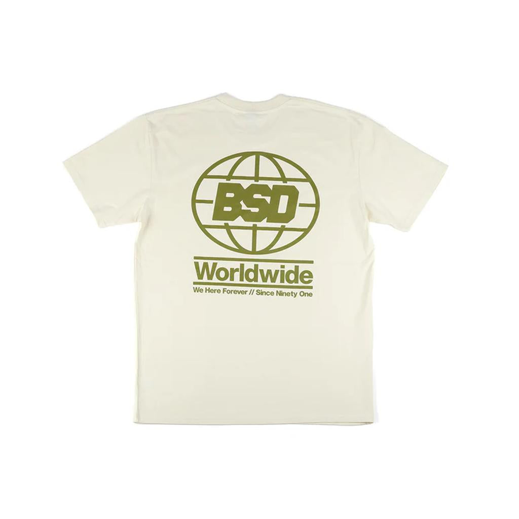 The BSD We Here Forever T-Shirt is a white, high-quality cotton tee with a large yellow BSD globe logo and "Worldwide We Here Forever // Since Ninety One" boldly printed on the back.