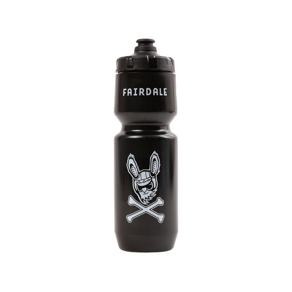The Fairdale Jolly Roger Water Bottle is black, features "FAIRDALE" near the top, a rabbit head above crossed bones graphic on the front, is made from BPA-free plastic, and has a convenient MoFlo cap for easy drinking.