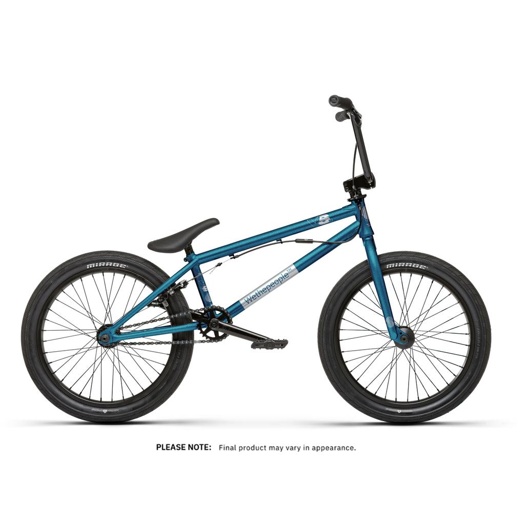 The Wethepeople Versus 20 Inch Bike, featuring a blue chromoly frame with black tires, seat, and handlebars, is shown from the side on a white background. Text below indicates the final product may vary in appearance.