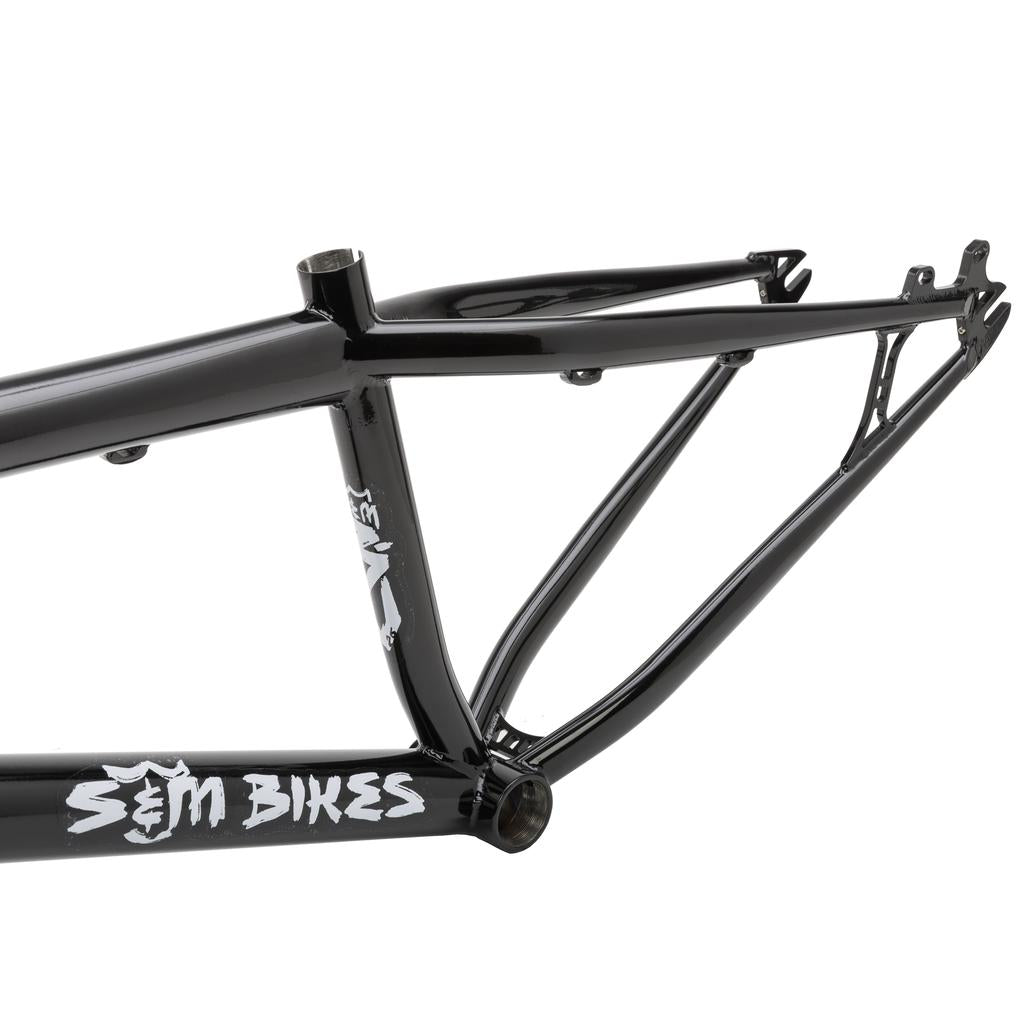Close-up of the S&M Big Jumper V2 26 Inch Dirt Jumper Frame in black with white logos, highlighting the rear triangle and seat tube.