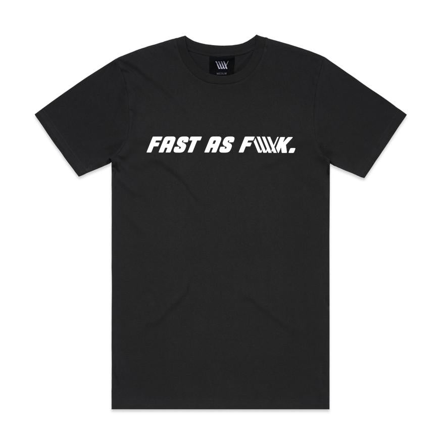 The LUXBMX FAF Tee Black is a classic-fit cotton crewneck featuring bold white "FAST AS F•••K" text, with the third word creatively stylized using three diagonal lines. Finished with the signature LUX flag logo, this tee offers standout style and comfortable everyday wear.