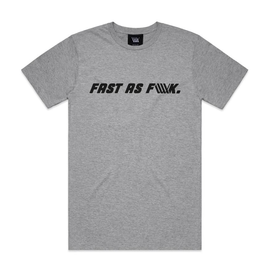 LUXBMX FAF Tee Grey Marle—classic-fit cotton crew in grey marle featuring bold "FAST AS F**K." text across the chest and a subtle LUX flag logo for a signature touch.