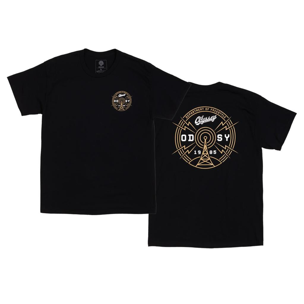 The Odyssey Frequency T-Shirt is a black short-sleeve tee with a small gold graphic on the front left chest and a large matching "Odsy 1985" and "Chase" design on the back for an authentic streetwear style.