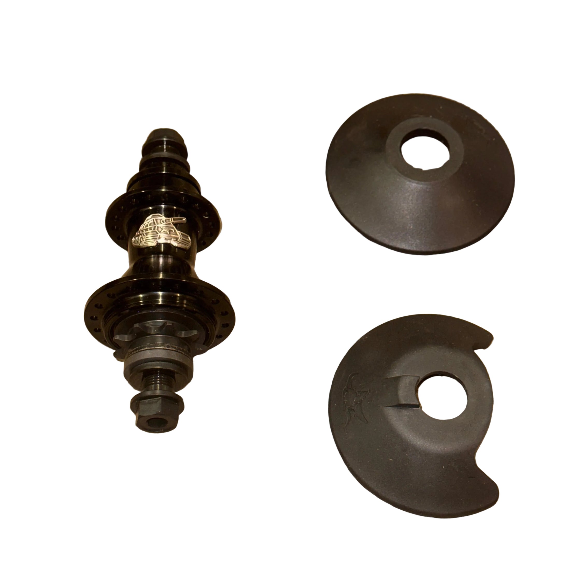 The Animal Sherman Hybrid Rear Hub, shown on a white background, includes an axle and two black plastic hub guards (one notched)—perfect for hybrid freecoaster setups.