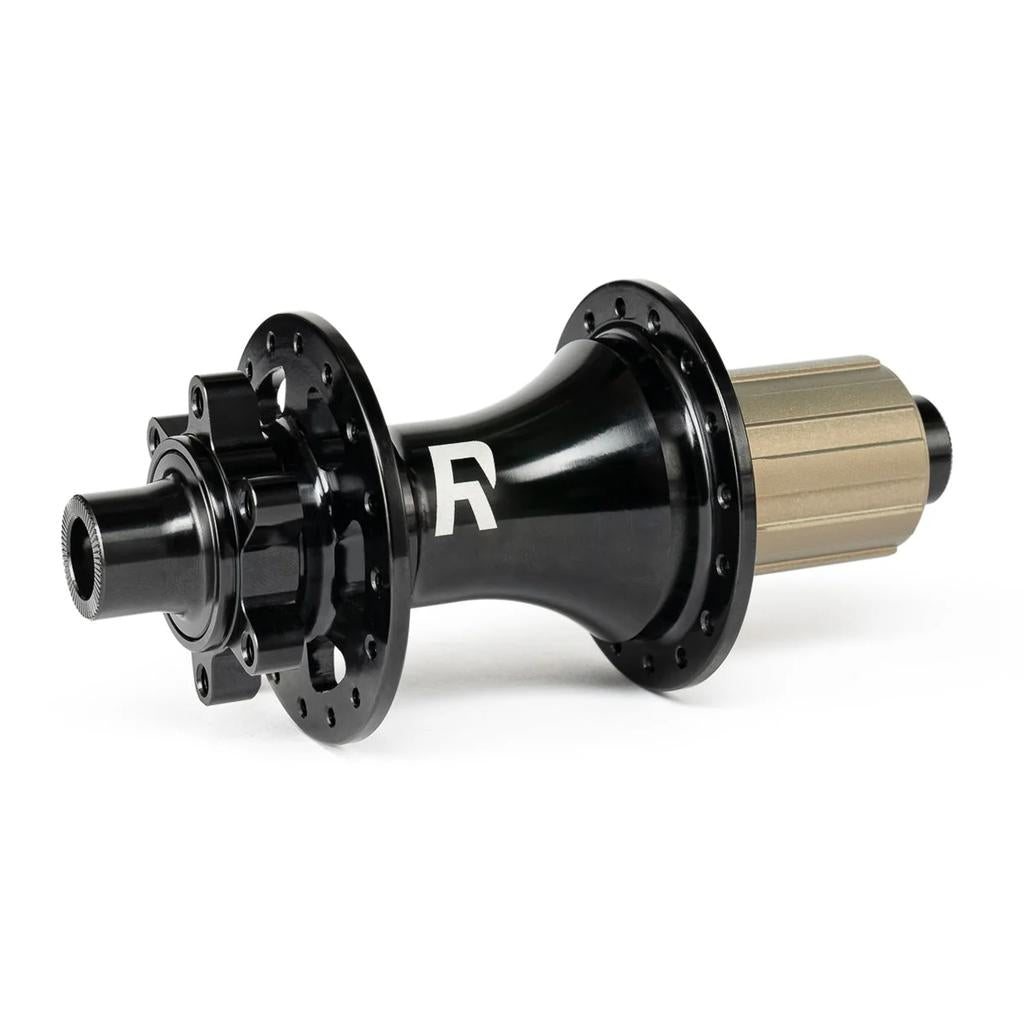 The Radio Sonar 148 Rear Hub is a black and gold hub featuring a logo, multiple spoke holes, and a freehub body.
