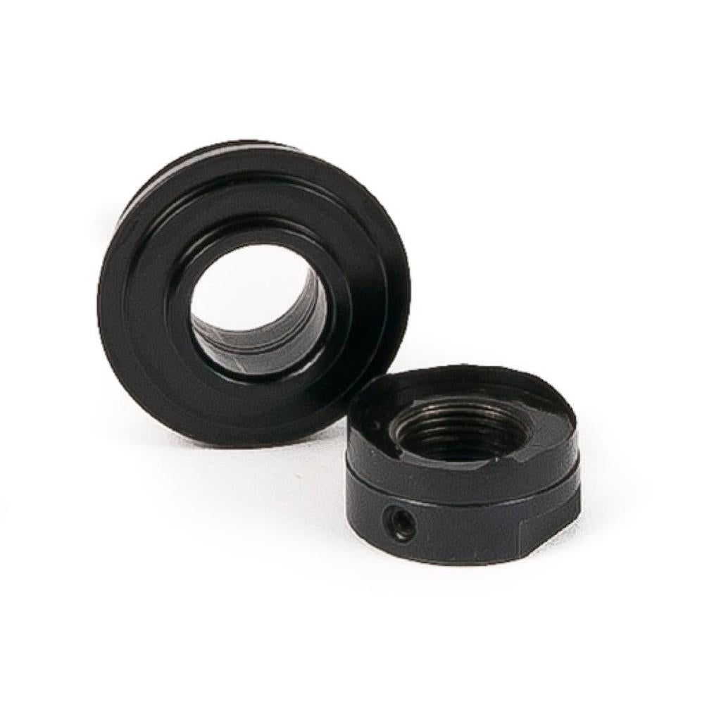 The ECLAT Blind Rear Cone Set includes two black metal threaded adapters for replacing cones or hub parts on the Eclat Blind Hub—one is upright and one lies flat, both displayed against a white background.