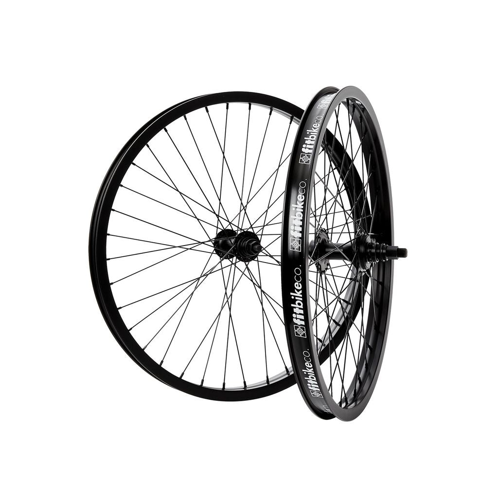 Two black Fit Bike Co 22 Inch Cassette Wheel Sets with spokes and logos, set against a white background.