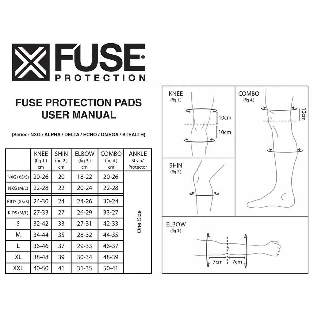 Fuse Protection pads size chart and user manual - knee, shin, elbow, combo and ankle measurements in cm, NXG and Kids XS/S-M/L through adult S-XXL