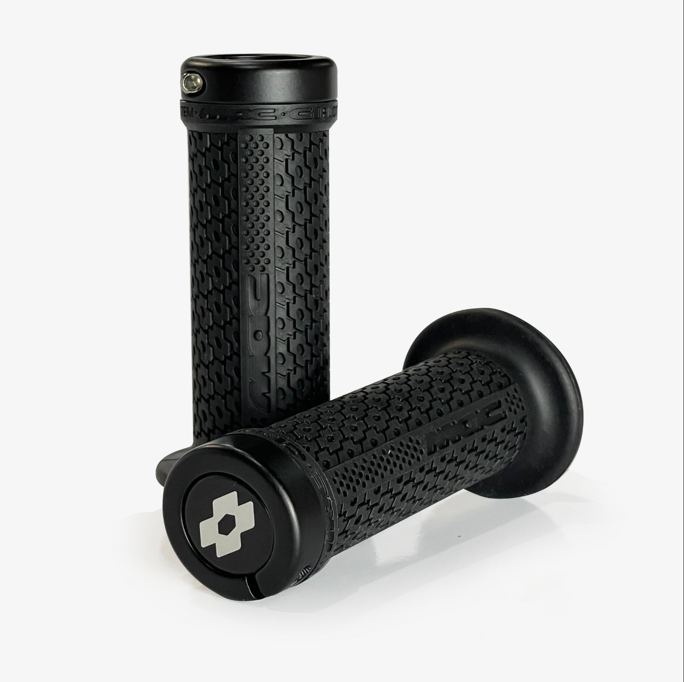 Two black, durable MAC G1 Mini Race Grip Flanged handlebar grips for a bicycle, displayed upright and horizontally on a white background.