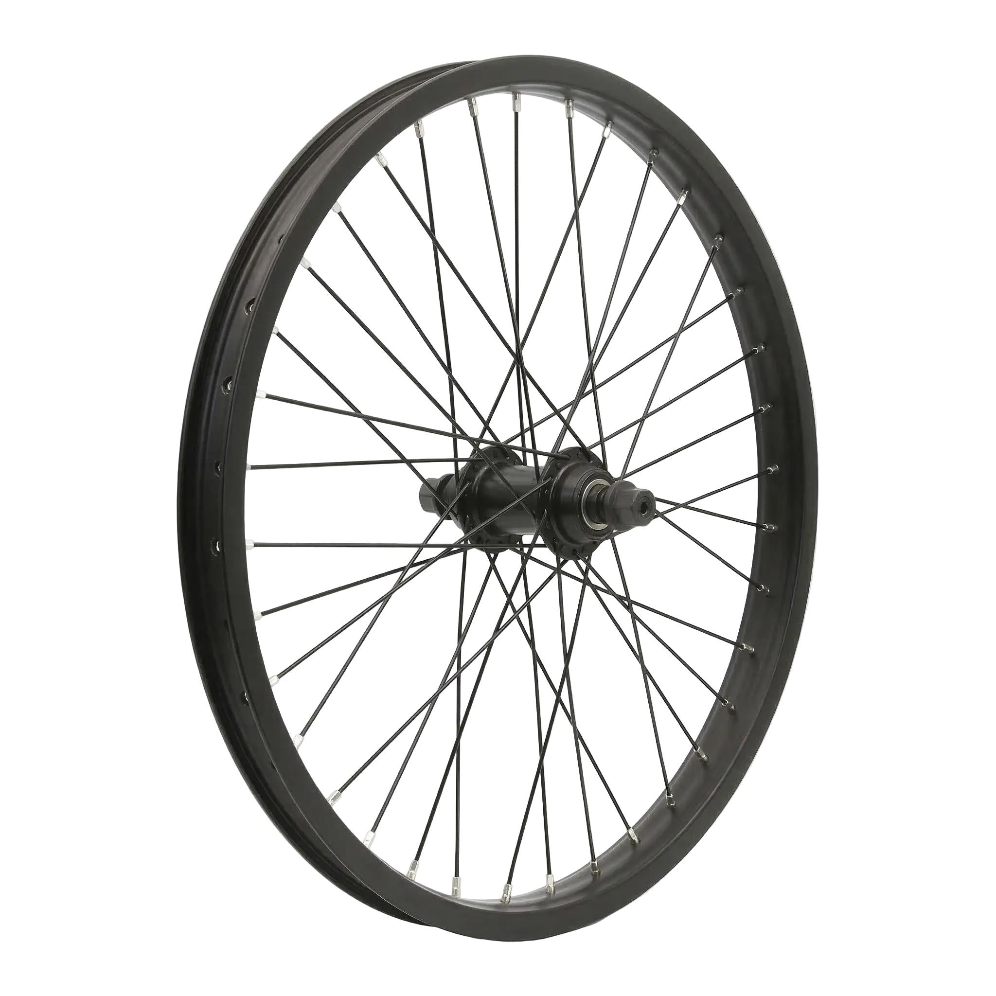 The DRS Expert Front Wheel is a black 20-inch BMX wheel with spokes and hub, shown angled on a white background. Its double wall rim adds strength, making it an ideal replacement front wheel for your BMX bike.