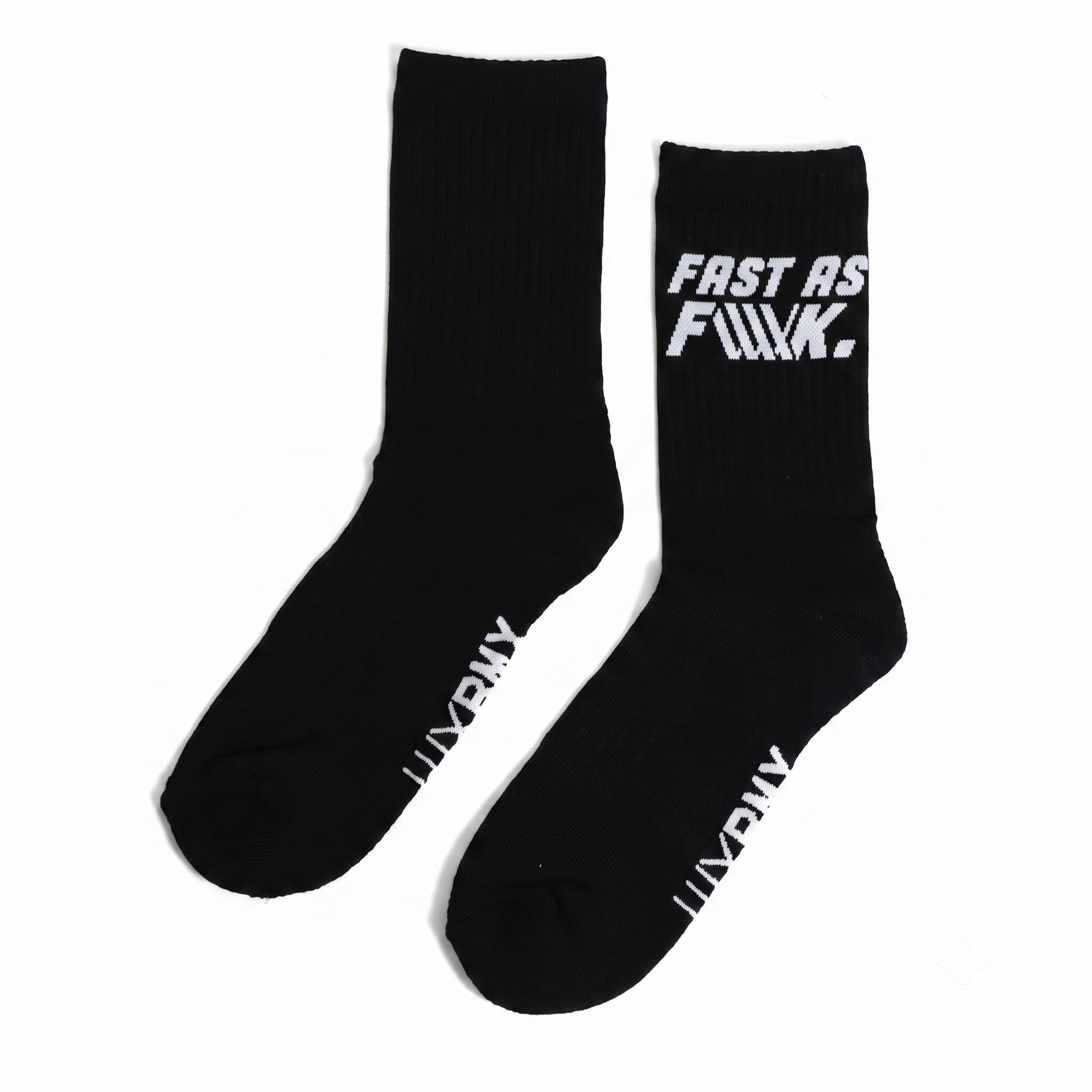 A pair of black LUXBMX FAF Race Crew Socks, featuring "FAST AS F\*\*K." on the upper side of one sock and "UNDRPLY" on the toes of both. These durable socks are ideal for BMX race sessions or everyday wear.