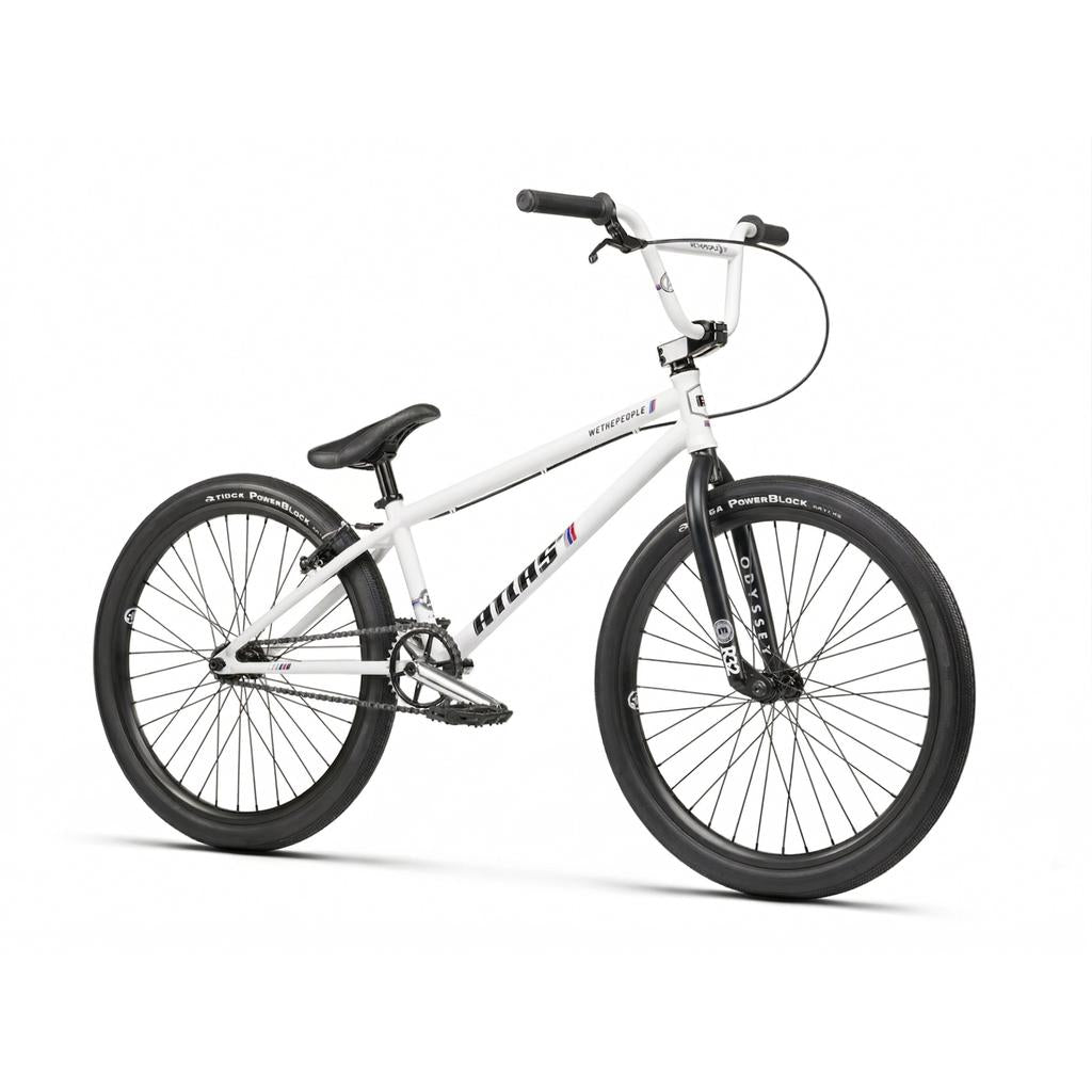 The Wethepeople Atlas 24 Inch Bike is a white BMX pump track bike with black tires, handlebars, and seat, shown on a plain white background.