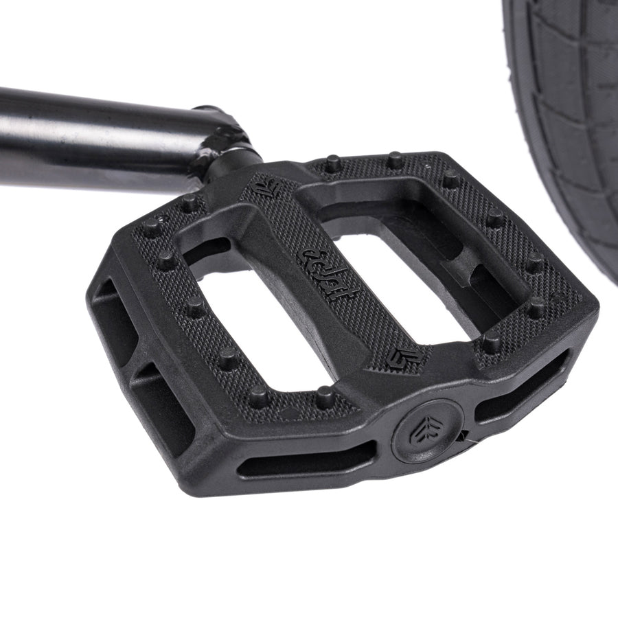 A pair of black pedals on a white background, perfect for a Wethepeople Nova 20 Inch BMX Bike.