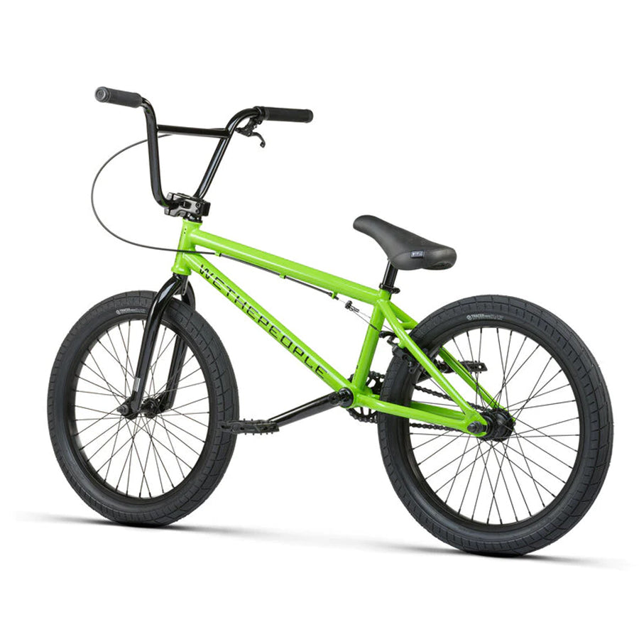 A green Wethepeople Nova 20 Inch BMX Bike with epic parts and features, including Salt Rookie Tubular Chromoly Three Piece Cranks, on a white background.