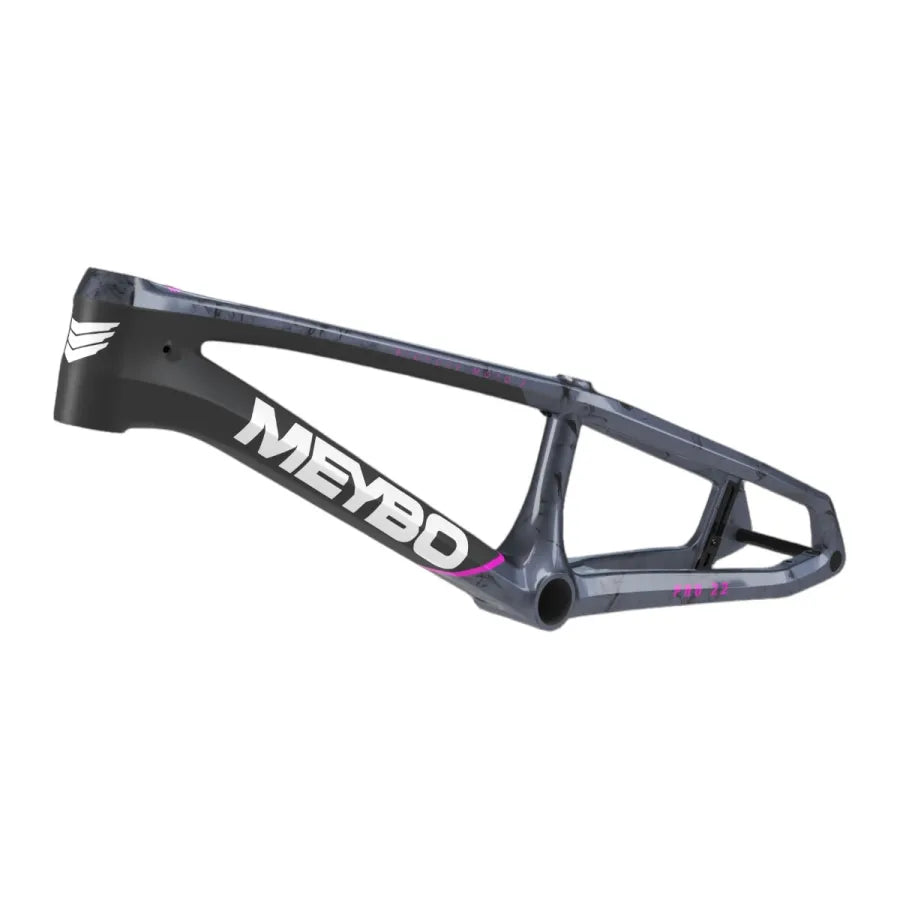 The Meybo 2026 Carbon HSX Pro XXXXL Frame features a grey and black finish with white logos and pink accents, offering advanced BMX race engineering and a fixed dropout design, displayed on a plain white background.