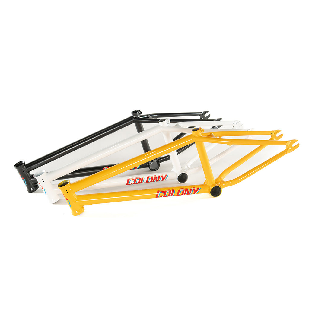 A set of Colony Enishi Flatland frames, Kio Hayakawa's signature model, in yellow and black on a white background.