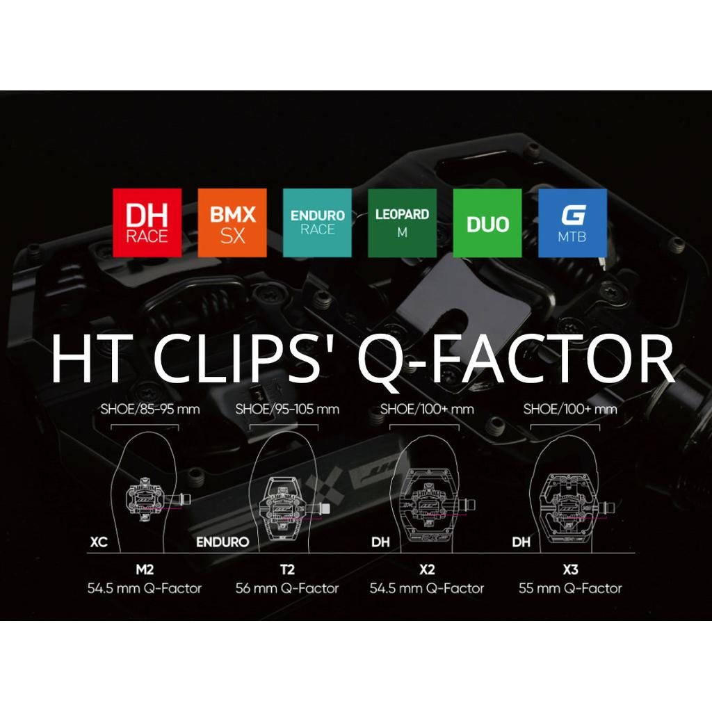 Diagram showing HT Components T2Ti Limited Edition Gold pedals' Q-Factor options (54.5–55 mm) for XC, Enduro, DH, and BMX cycling types, plus titanium spindle compatibility.