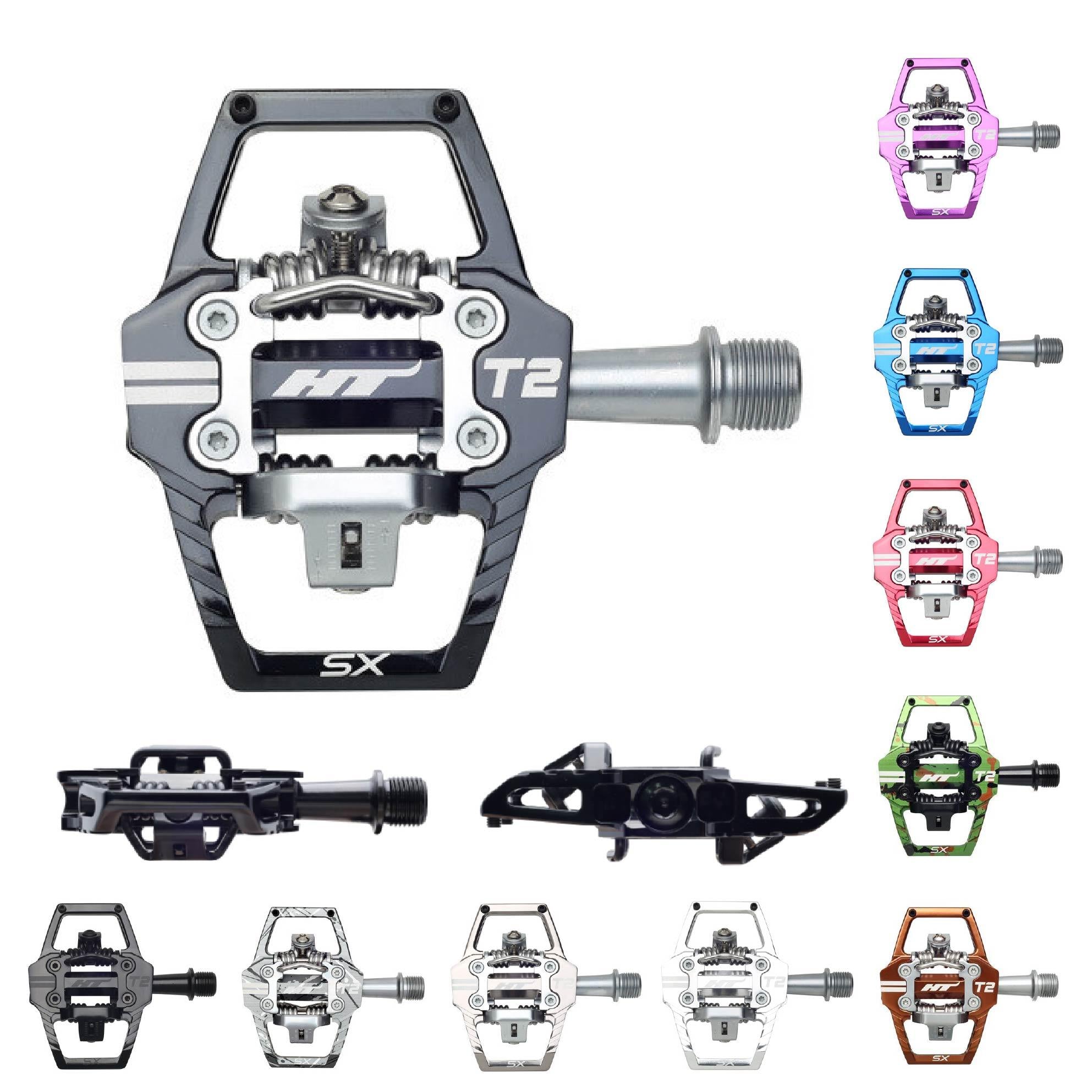 HT T2-SX Clip In Pedals with CNC-machined chromoly spindles are displayed in various colors—black, pink, purple, blue, red, green, silver, white, and bronze—from multiple angles.
