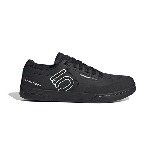 A Five Ten Freerider Pro Flat Core Shoe in black with white logo, shown side profile on a plain white background, designed for superior pedal-gripping control.