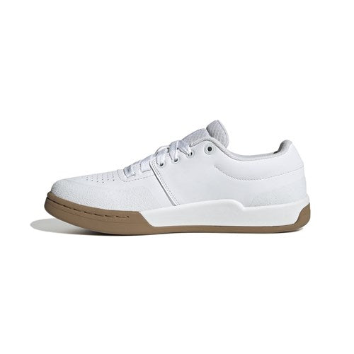 The Five Ten Freerider Pro Flat Core Shoes in WHT/CORE BLK/RED are white low-top mountain bike shoes with white laces and a light brown rubber sole, designed for pedal control, shown in side profile on a plain white background.