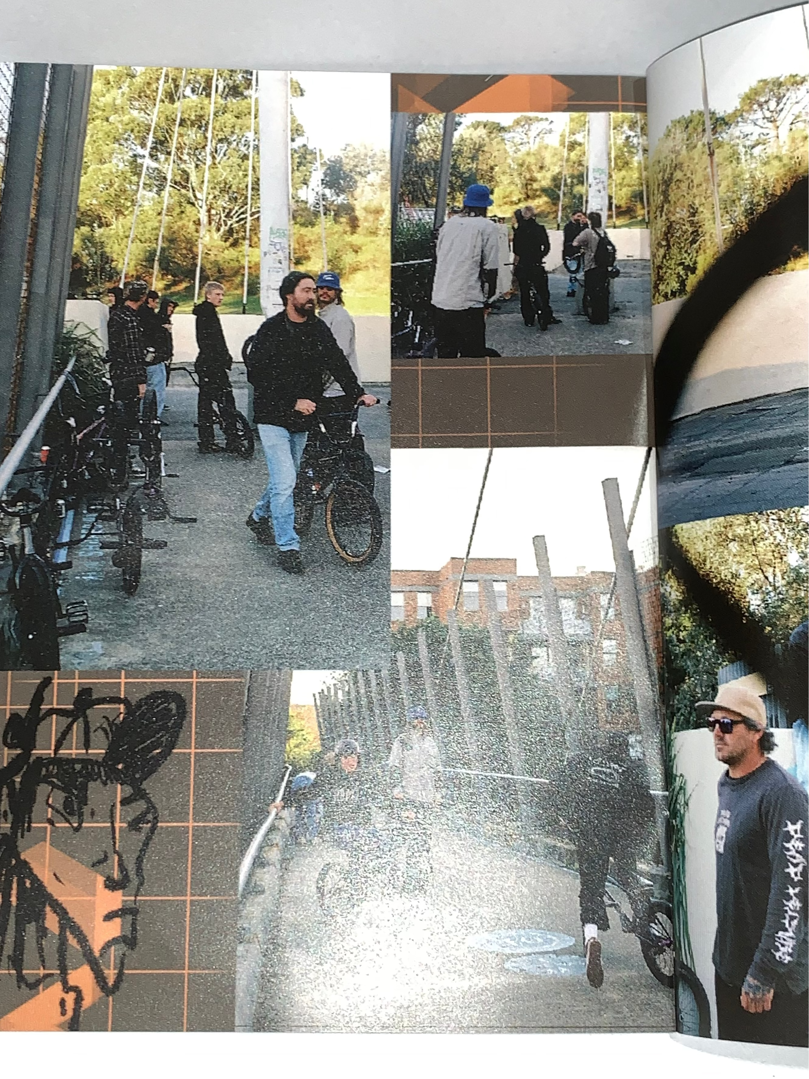 A scene from Jerk Zine Volume 1 shows a collage of people with bicycles, including BMX riders, on a bridge with trees and buildings behind them. An illustrated face appears in the lower left corner.