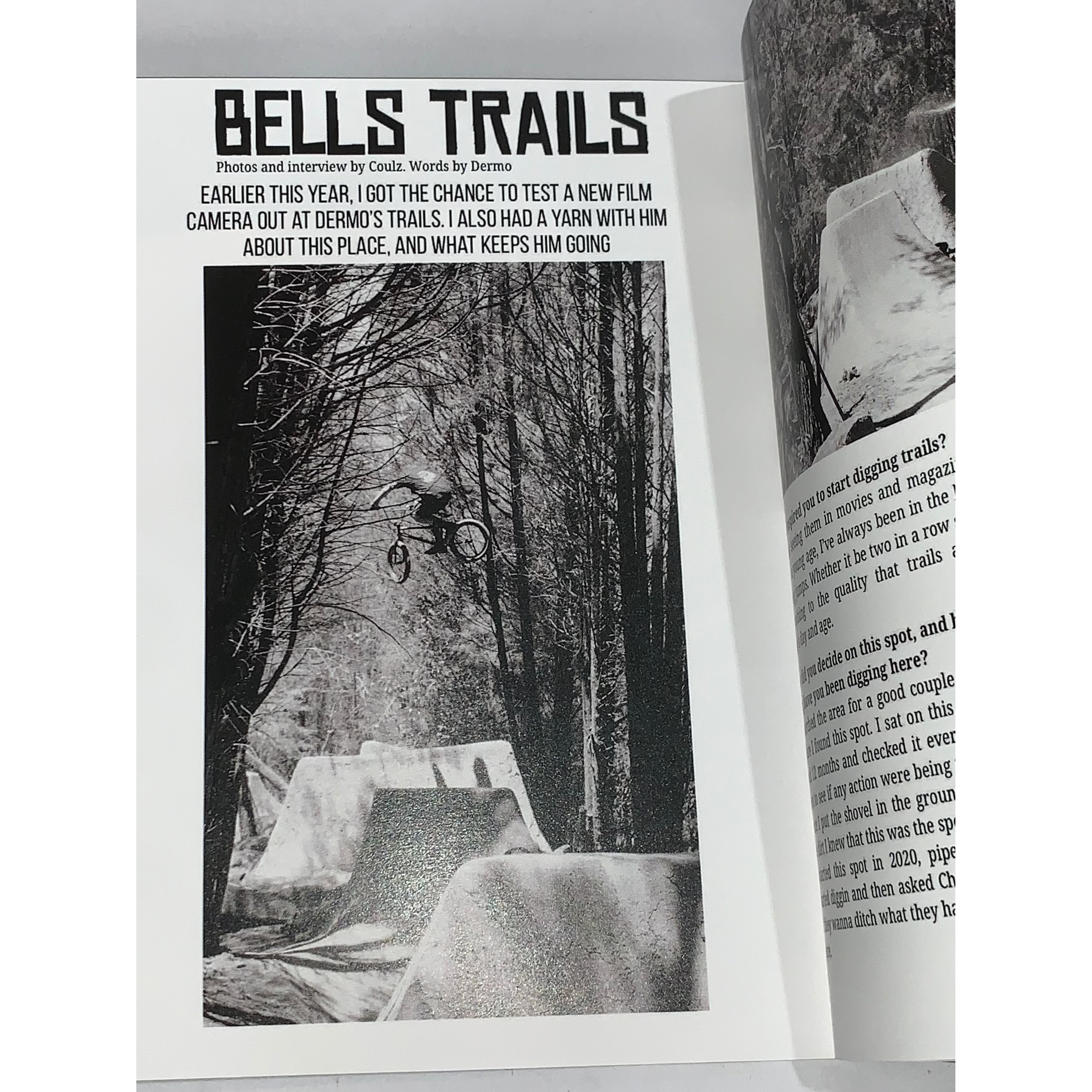 Black and white photo of a BMX rider jumping on a forest dirt trail appears in Jerk Zine Volume 1, alongside an article titled "BELLS TRAILS.
