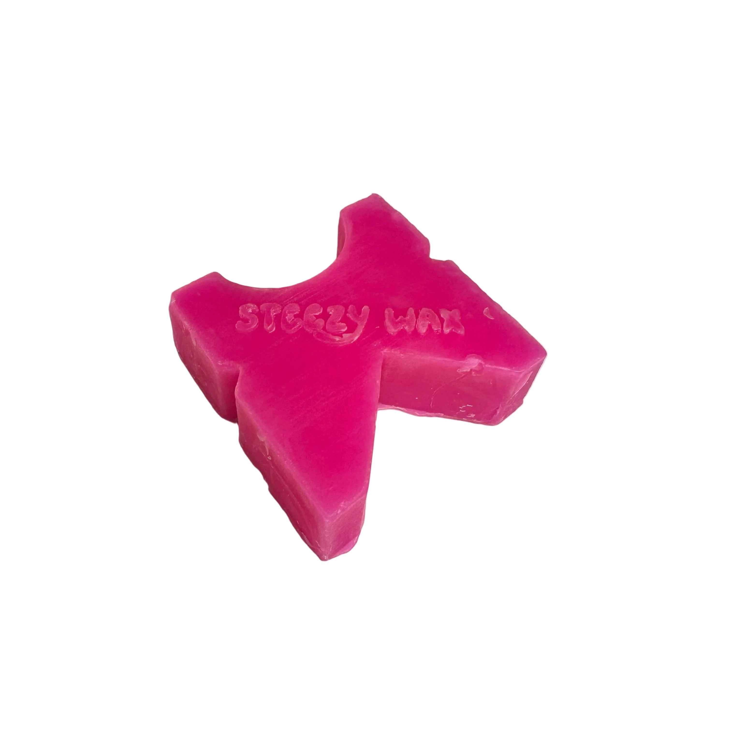 A pink, star-shaped Steezy Wax / K-Slide skate wax block with "Sticky Wax" embossed on it, handmade in Australia and displayed against a plain white background.