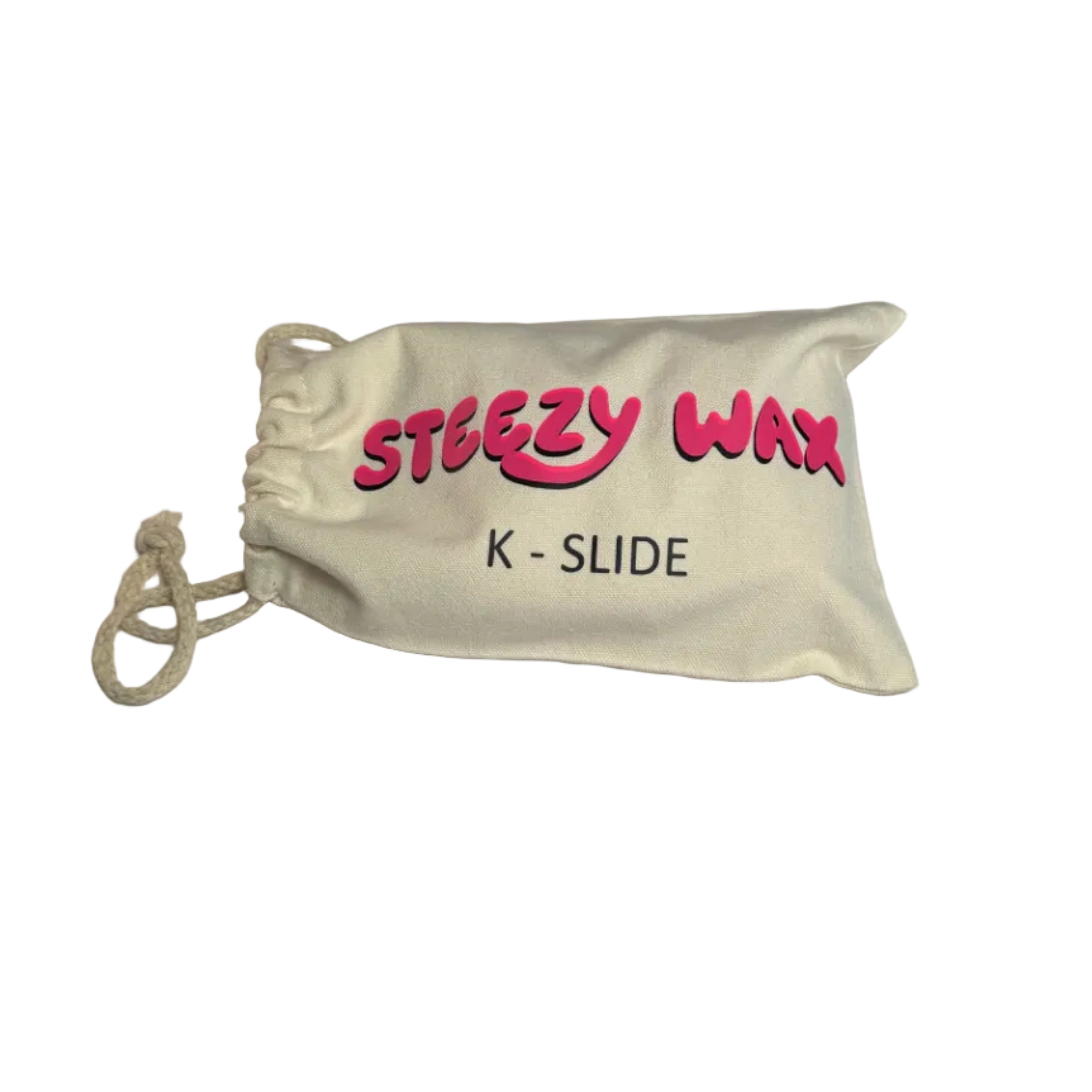 The Steezy Wax / K-Slide comes in a small drawstring pouch with pink and black text on a white background and is handmade in Australia.