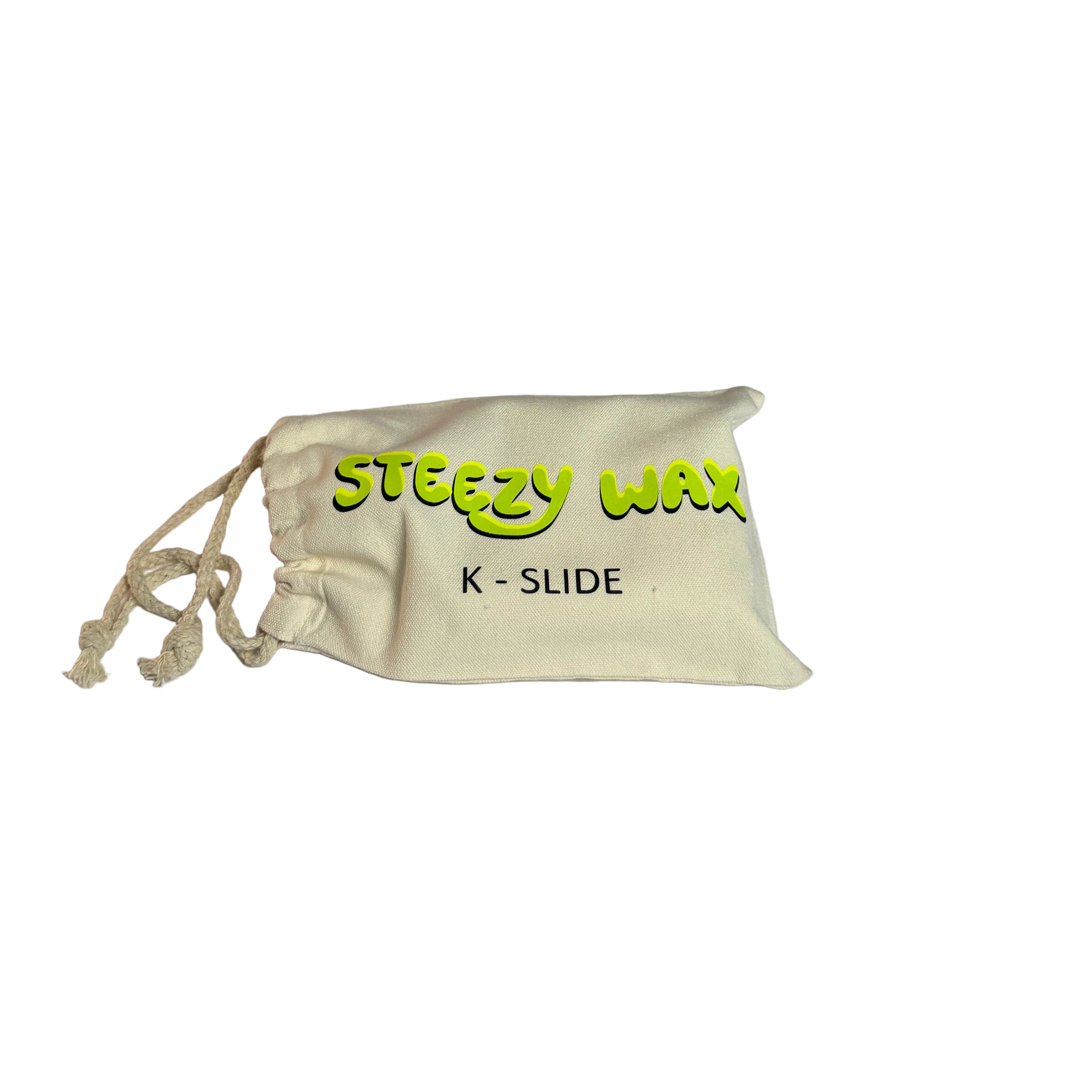 A drawstring pouch labeled "Steezy Wax / K-Slide" for skate wax, shown on a white surface with a gray background—ideal for skaters in Australia.