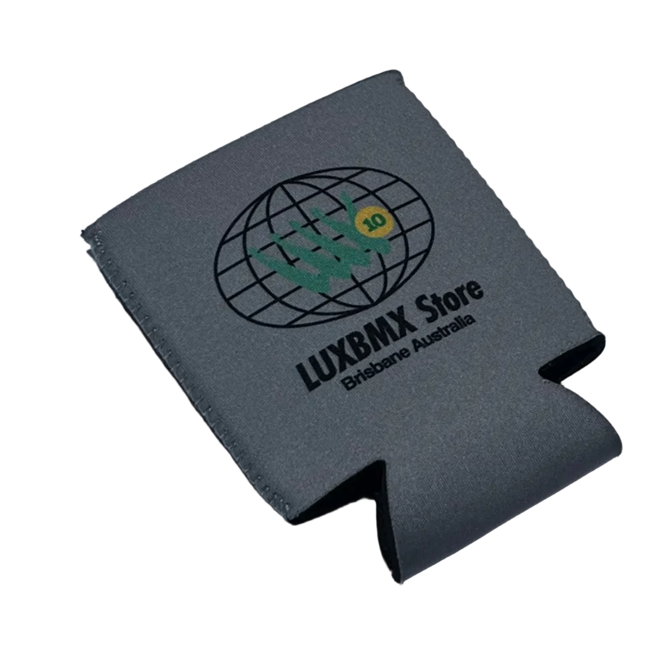The LUXBMX Stubby Cooler / 88 is a gray drink koozie with a globe logo and "LUXBMX Store Brisbane Australia" on the front—a stylish can cooler for your collection.