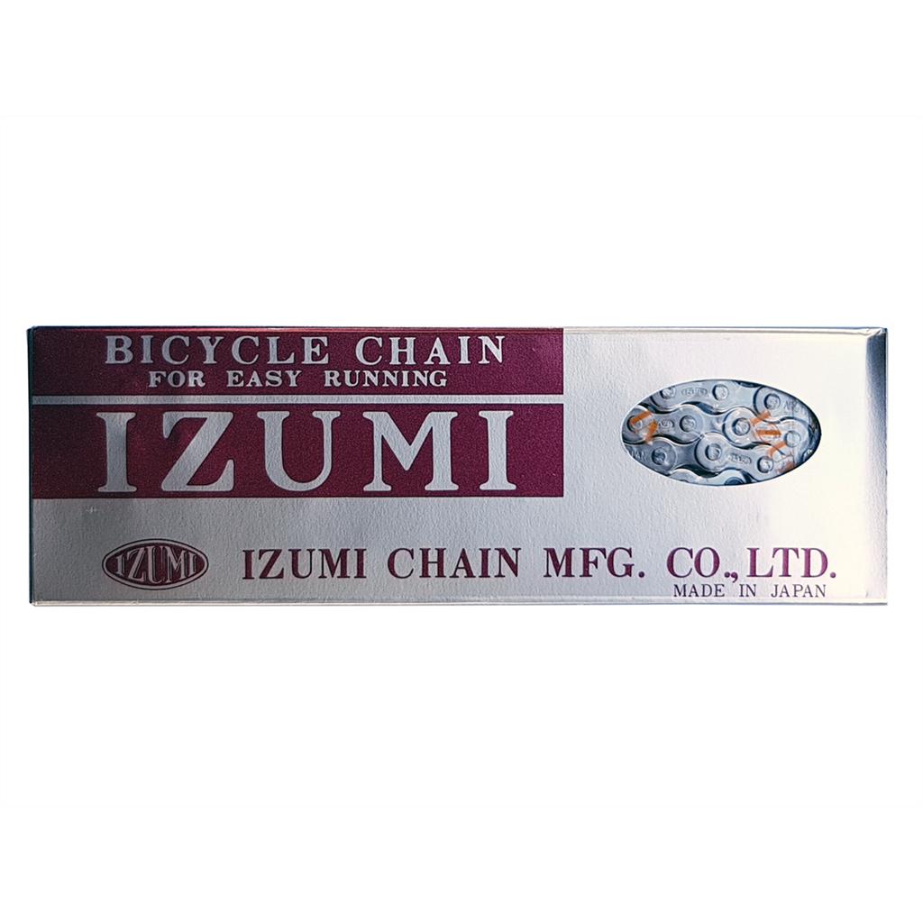 Rectangular box labeled "IZUMI" containing an Izumi 1/2 x 3/32 Race Chain (116 links), a Japanese-made BMX chain manufactured by IZUMI Chains Mfg. Co., Ltd.