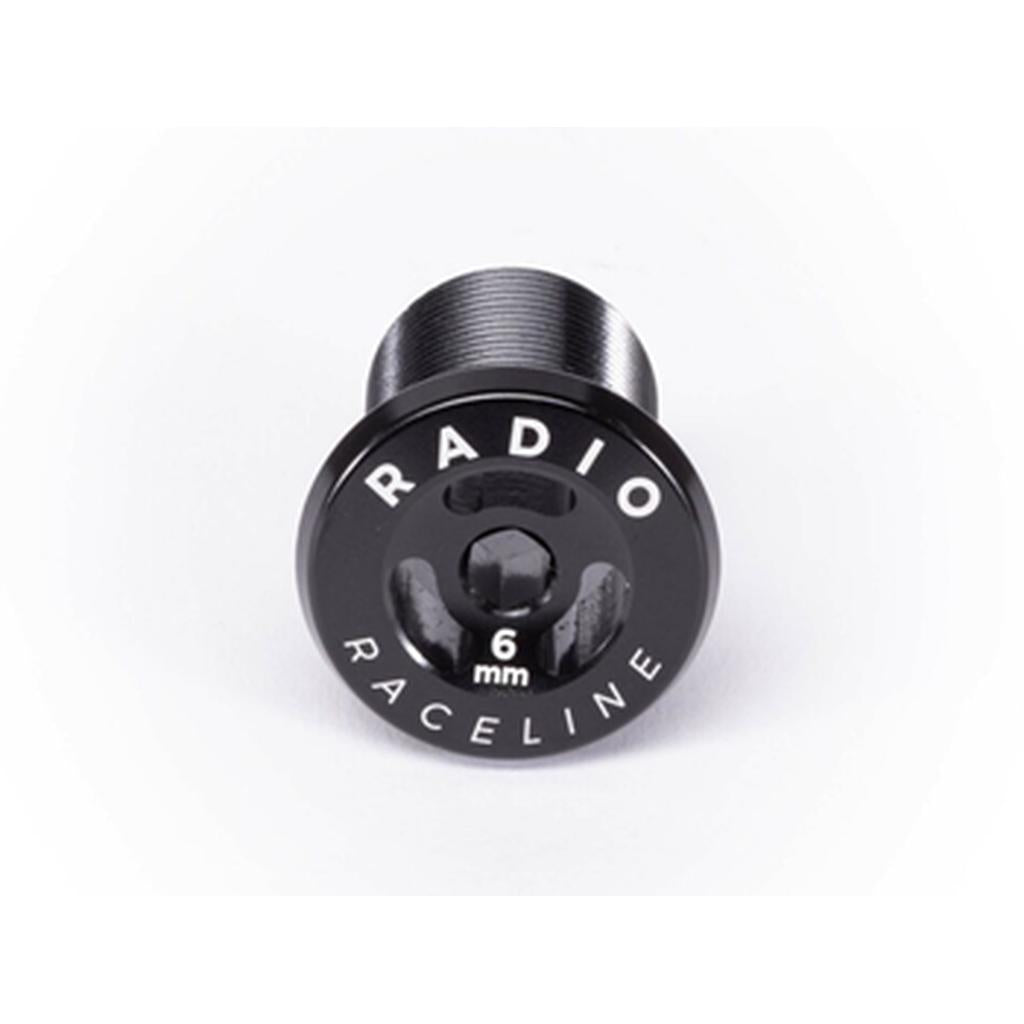 The Radio Raceline Pro/Expert Fork Preload Bolt, a black metal bolt with "RADIO RACELINE" and "6 mm" engraved on the head, is displayed against a plain white background.